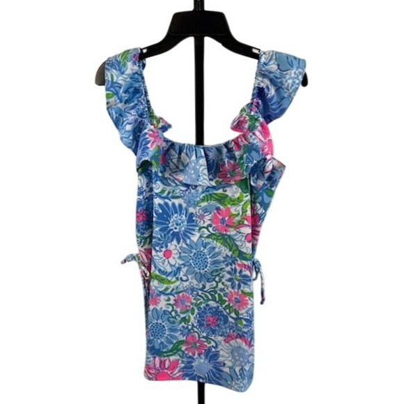 New Lilly Pulitzer‎ Zoya Ruffle Romper Freesize Blue Suns Out Floral Size 4 - Picture 2 of 6